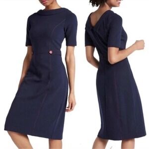 Boden Betty Ottoman Sheath Dress Womens Sz 6 Navy Blue Contrast Stitch Mod Retro